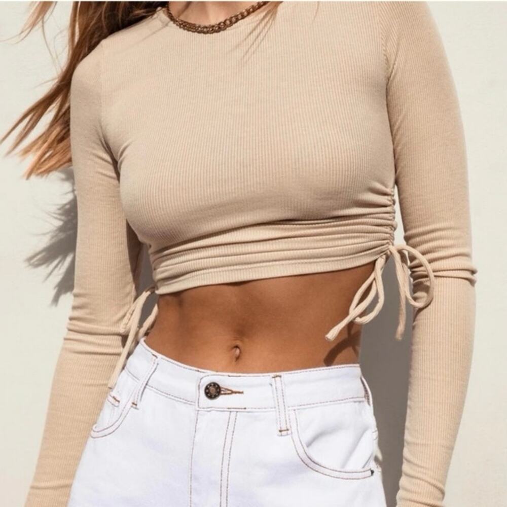 Princess Polly Noorie Brown Ruched Ties Long Sleeve Rib Knit Crop Sweater Top 4 - Picture 2 of 5